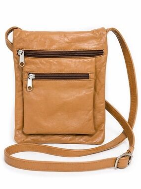 Vera Pelle Italian Leather Crossbody Bag Tan Minimalist Multi Zip